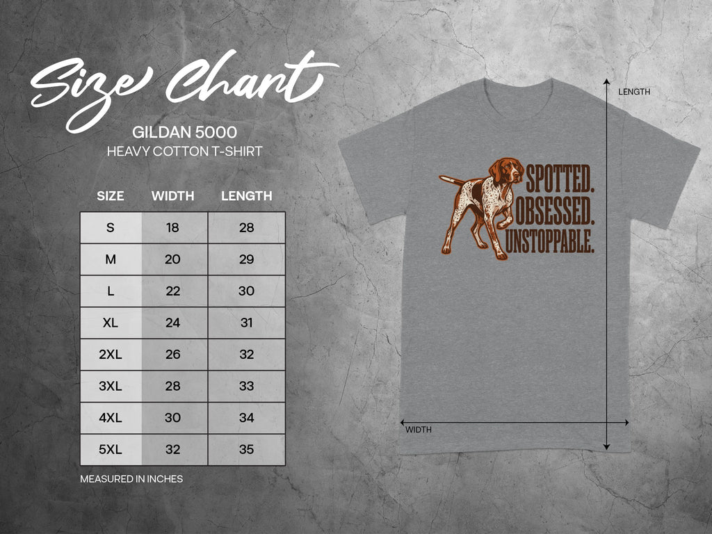 Gildan 5000 t-shirt size chart showing measurements for width and length.