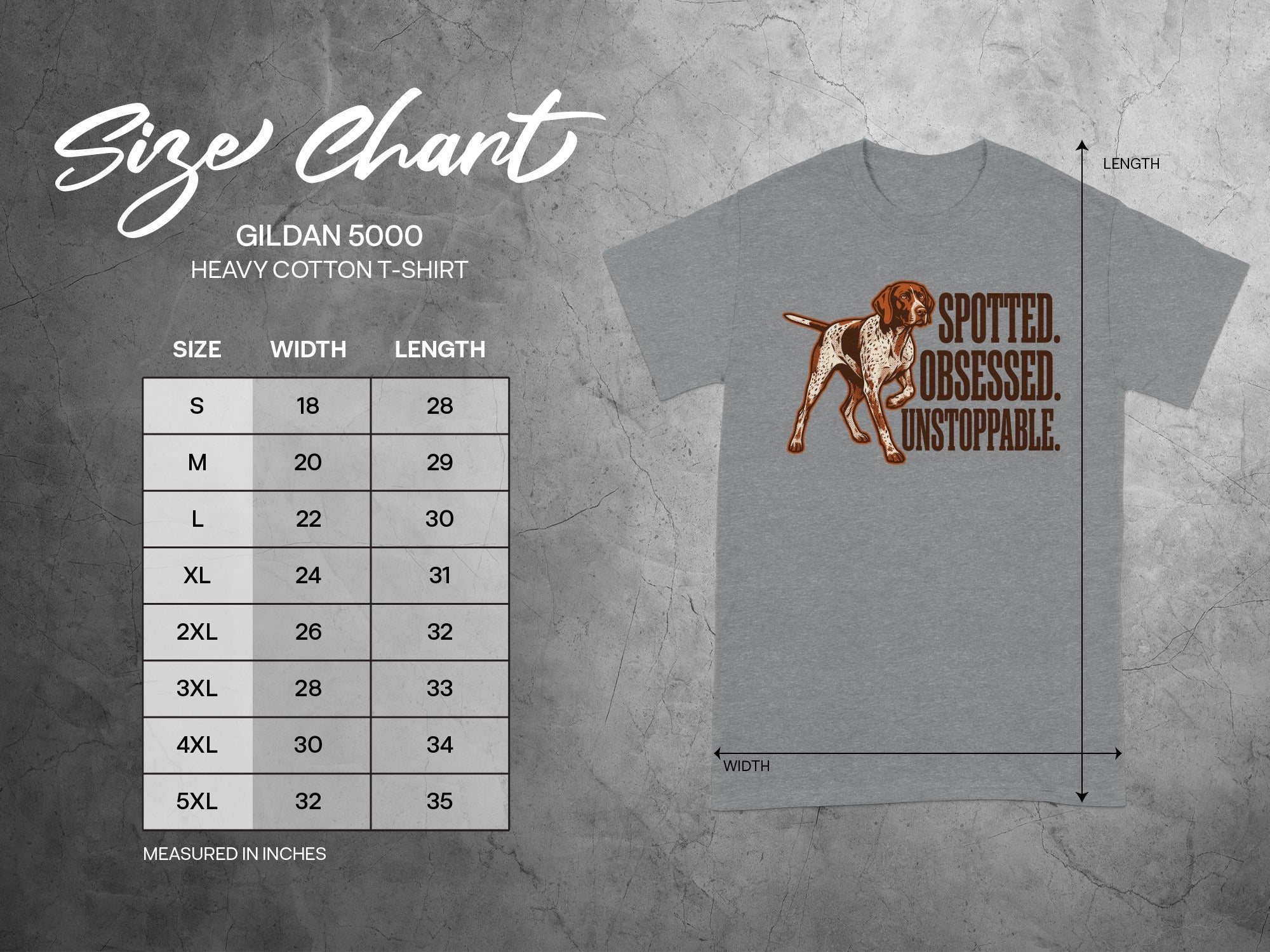 Gildan 5000 t-shirt size chart showing measurements for width and length.
