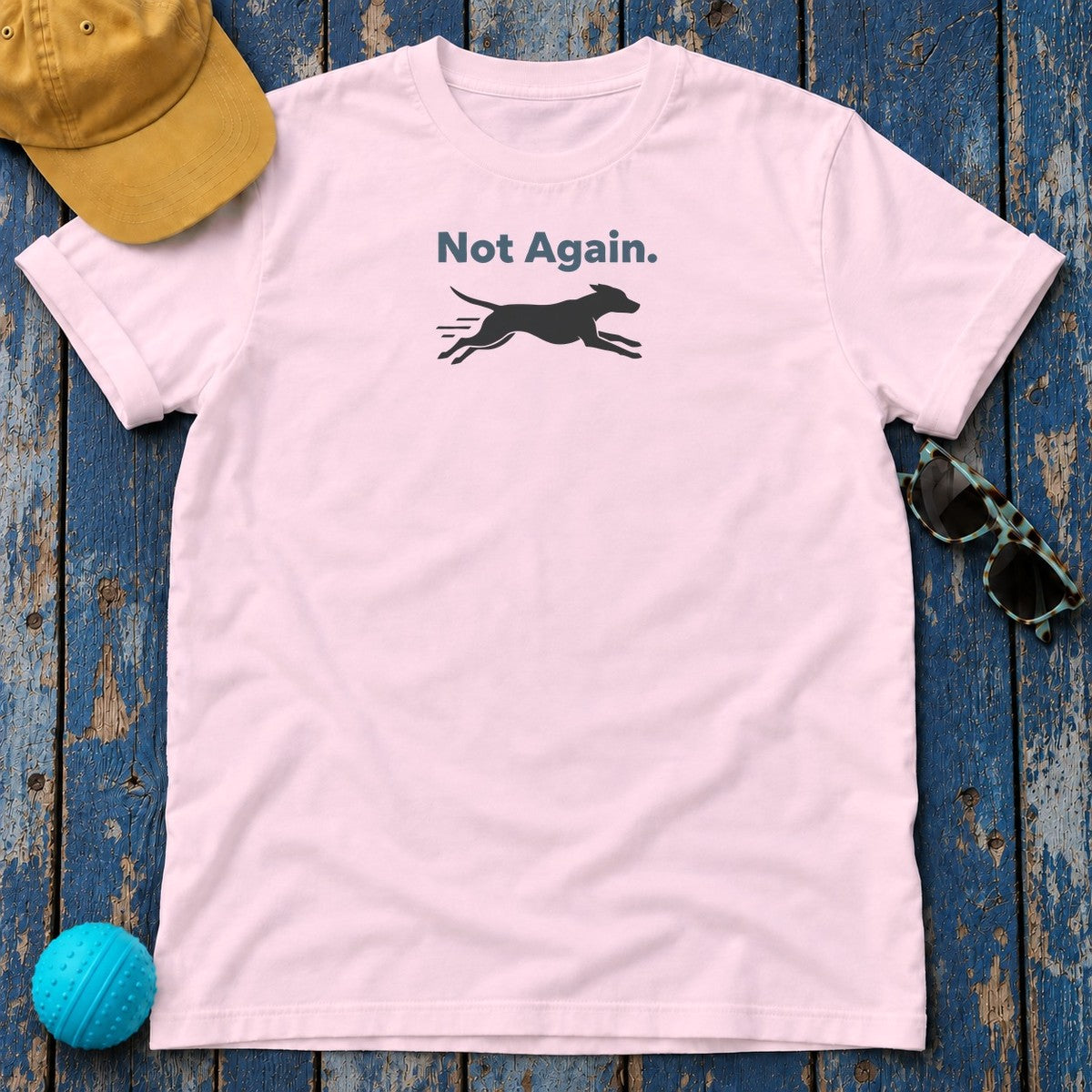 Not Again Running Dog Silhouette Humor Statement T-Shirt in Light Pink