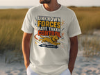 White t-shirt with "UNKNOWN FORCES HAVE TAKEN CONTROL THE ZOOMIES" and a running dog.