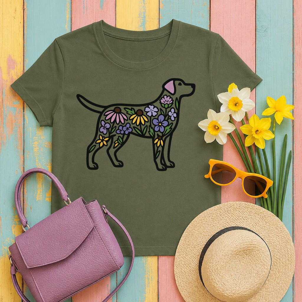 Dog Silhouette Filled with Flowers Graphic Art T-Shirt in Military Green