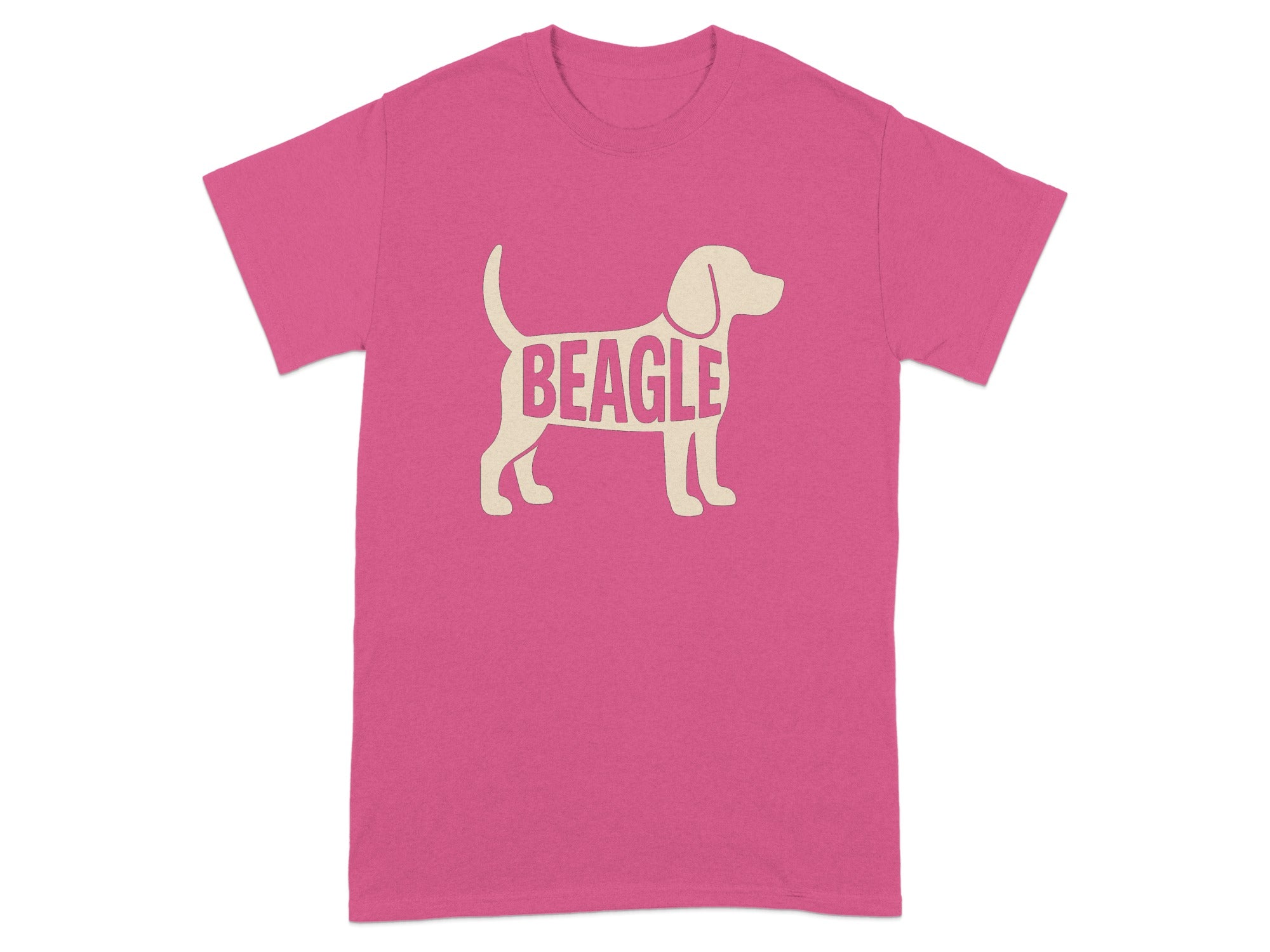 Pink t-shirt with a cream silhouette of a beagle containing the text "BEAGLE".