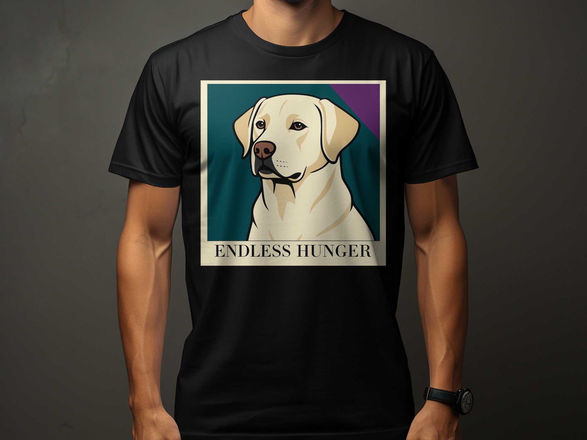Black t-shirt with a portrait of a yellow labrador and text "ENDLESS HUNGER".