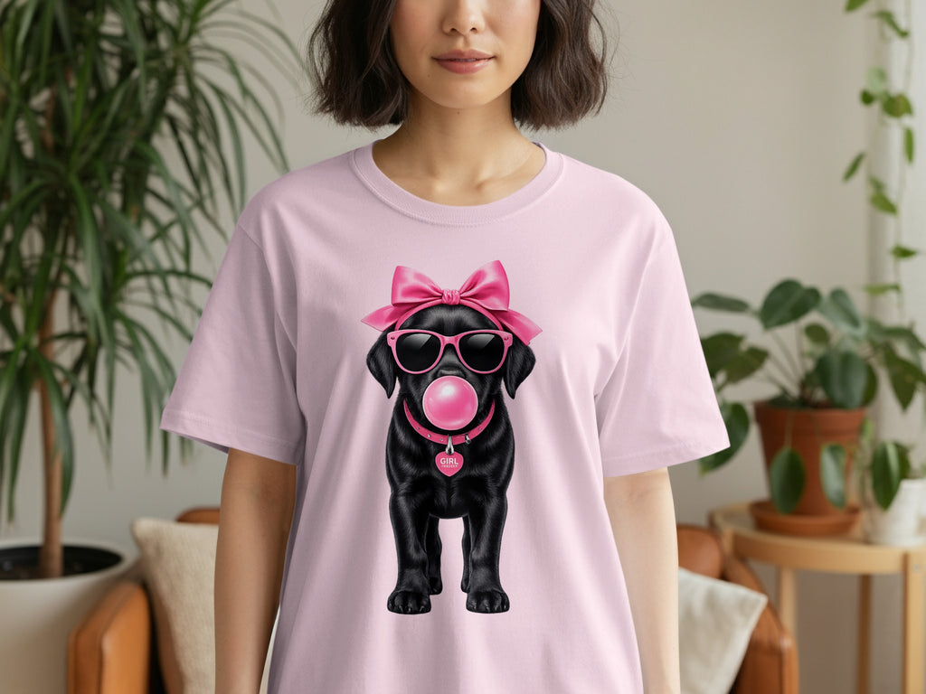 Black labrador wearing pink sunglasses, bow, and bubble gum with "GIRL" tag.