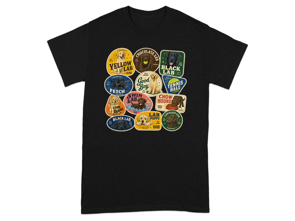 T-shirt featuring multiple round and oval patches of cartoon dogs and paw prints.