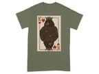 Green t-shirt with King of Hearts playing card featuring a crowned dog.