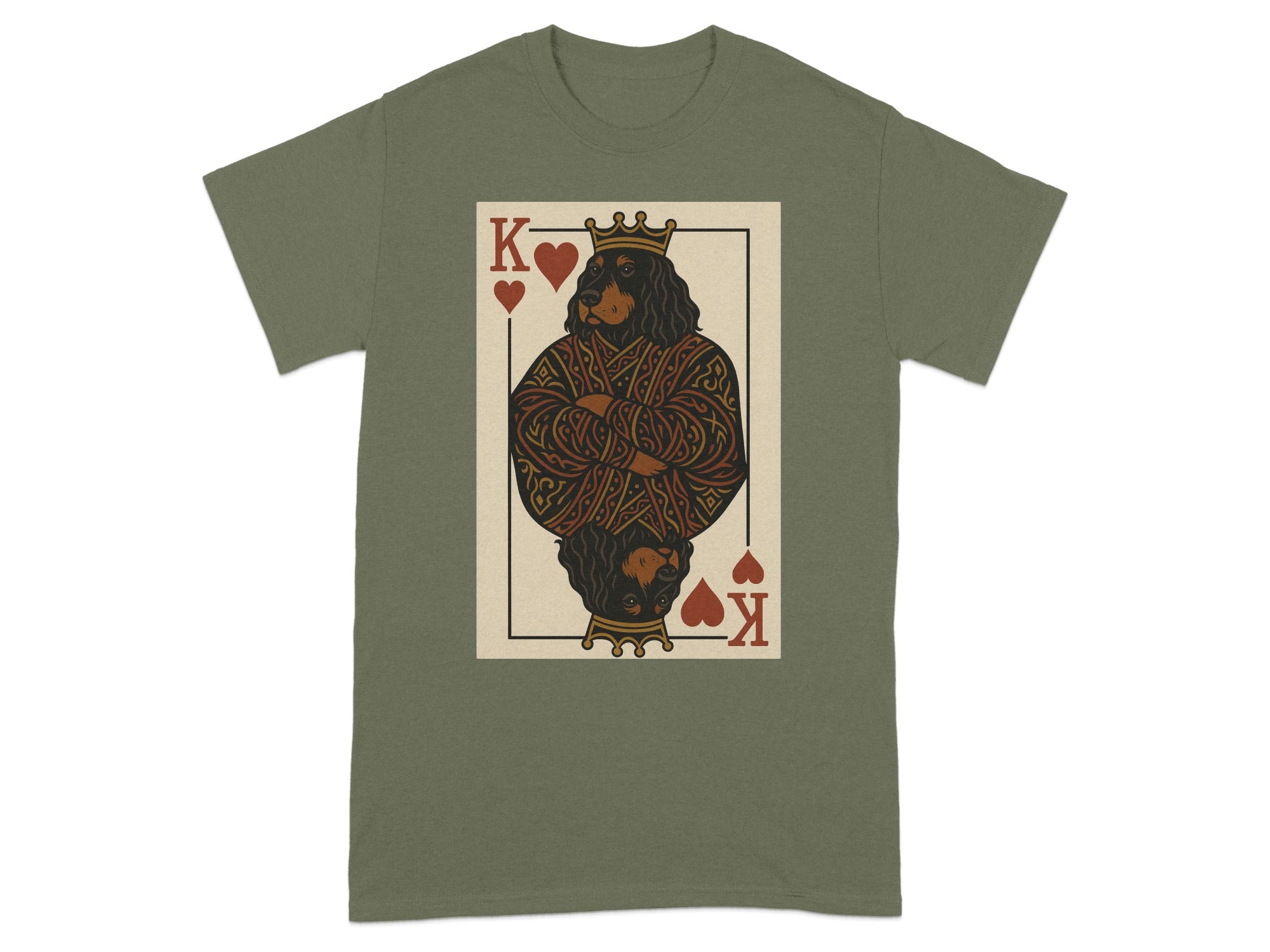 Green t-shirt with King of Hearts playing card featuring a crowned dog.