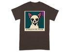 Brown t-shirt with a stylized chihuahua portrait and text "ENDLESS HUNGER."