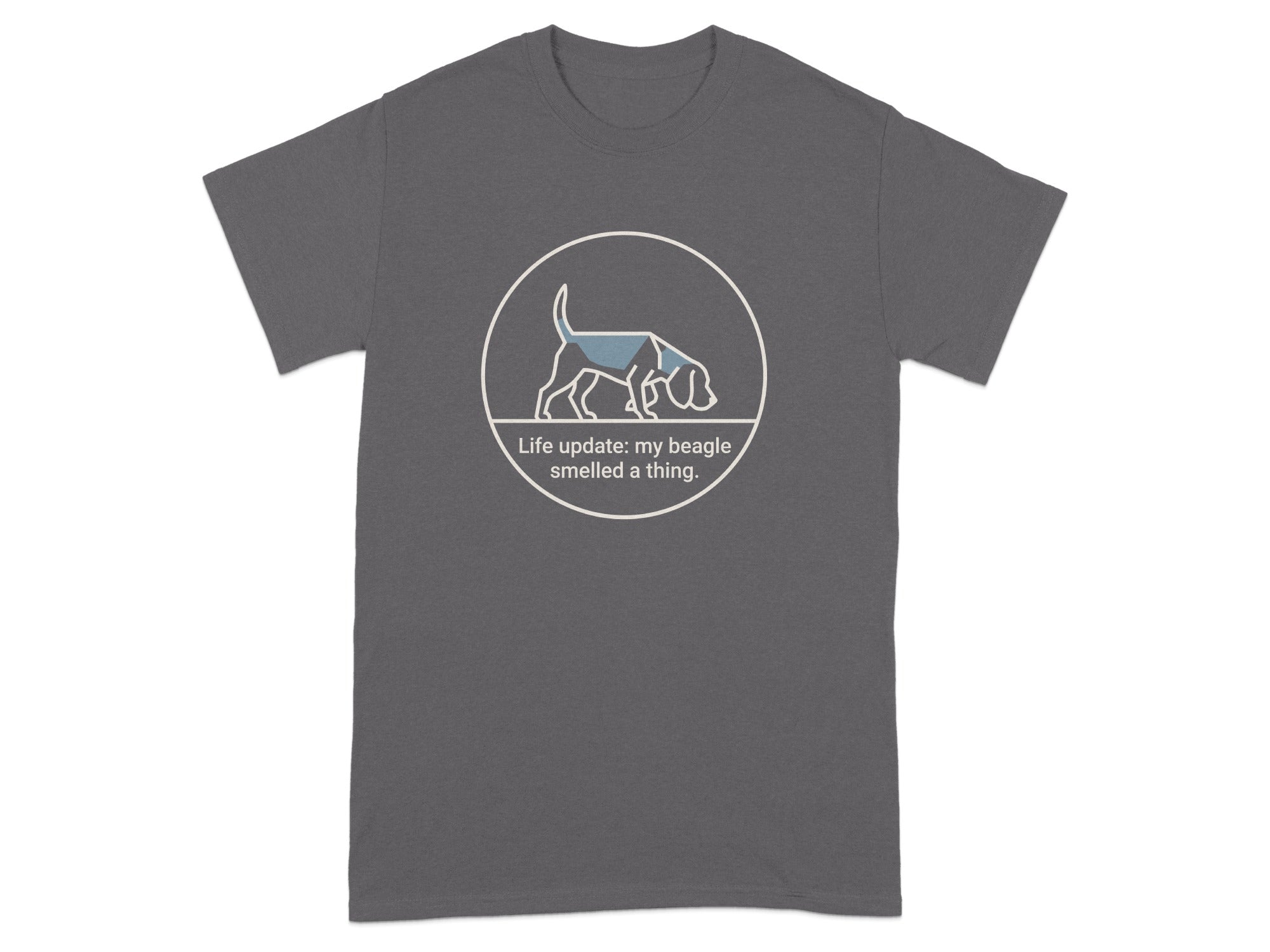 Gray t-shirt with a beagle in a circle and text.