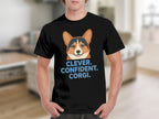 Black t-shirt with a cartoon corgi face and text "CLEVER. CONFIDENT. CORGI."