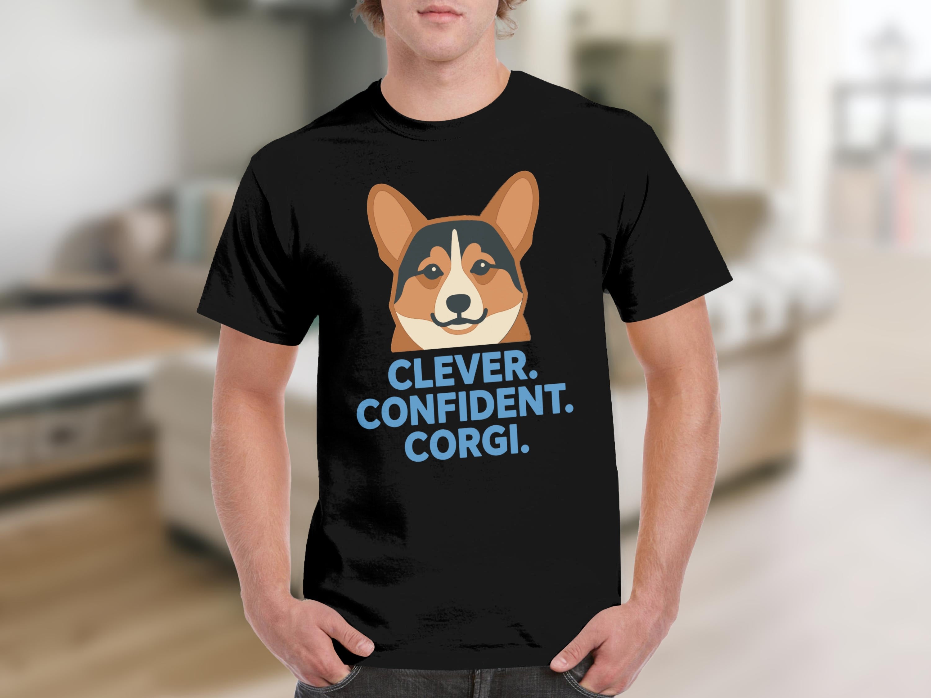 Black t-shirt with a cartoon corgi face and text "CLEVER. CONFIDENT. CORGI."