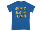 Cartoon golden retrievers gardening, planting, and playing in the dirt.
