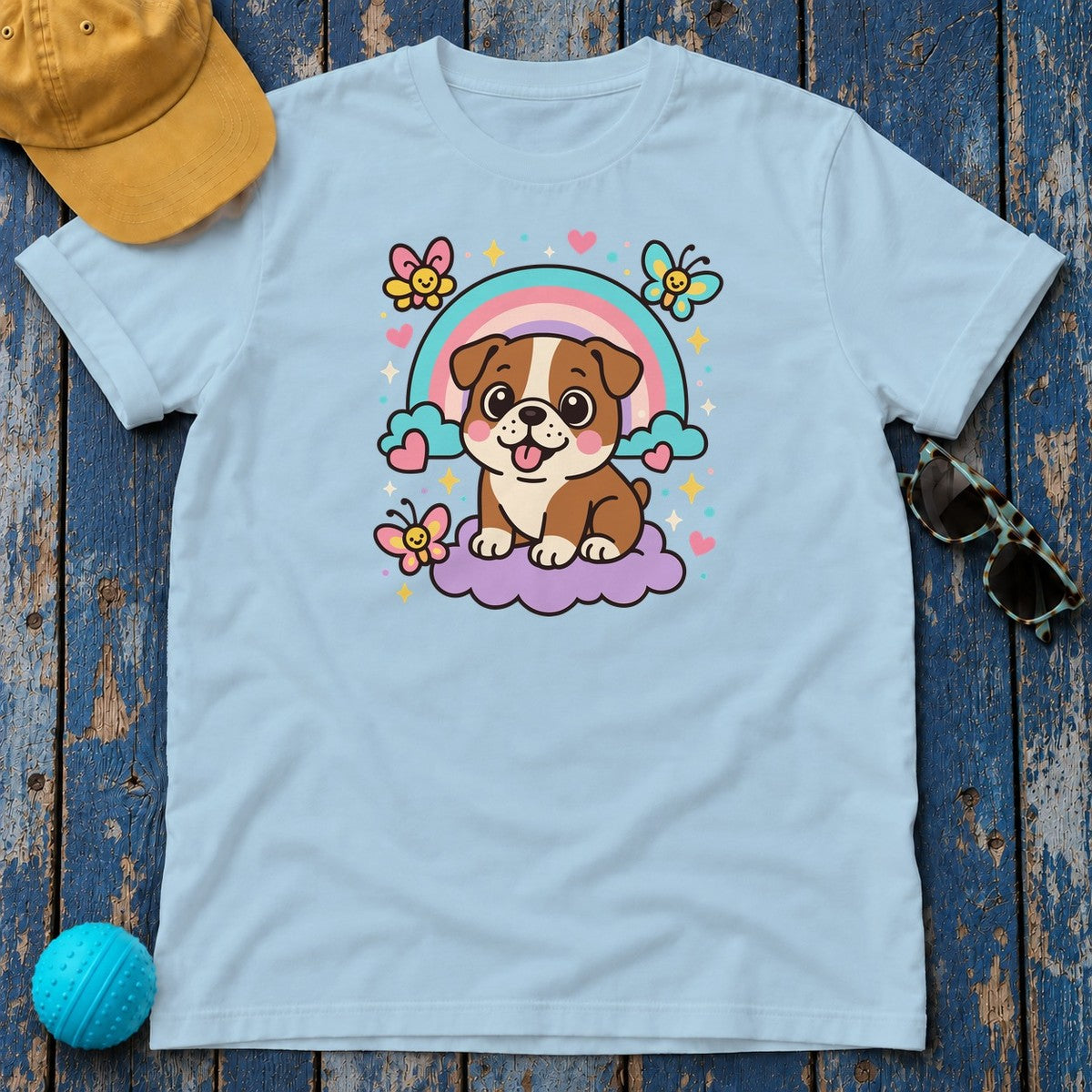 Adorable English Bulldog with Rainbow T-Shirt in Light Blue