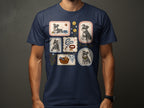 Framed illustrations of Schnauzers and dog accessories on a navy blue t-shirt.