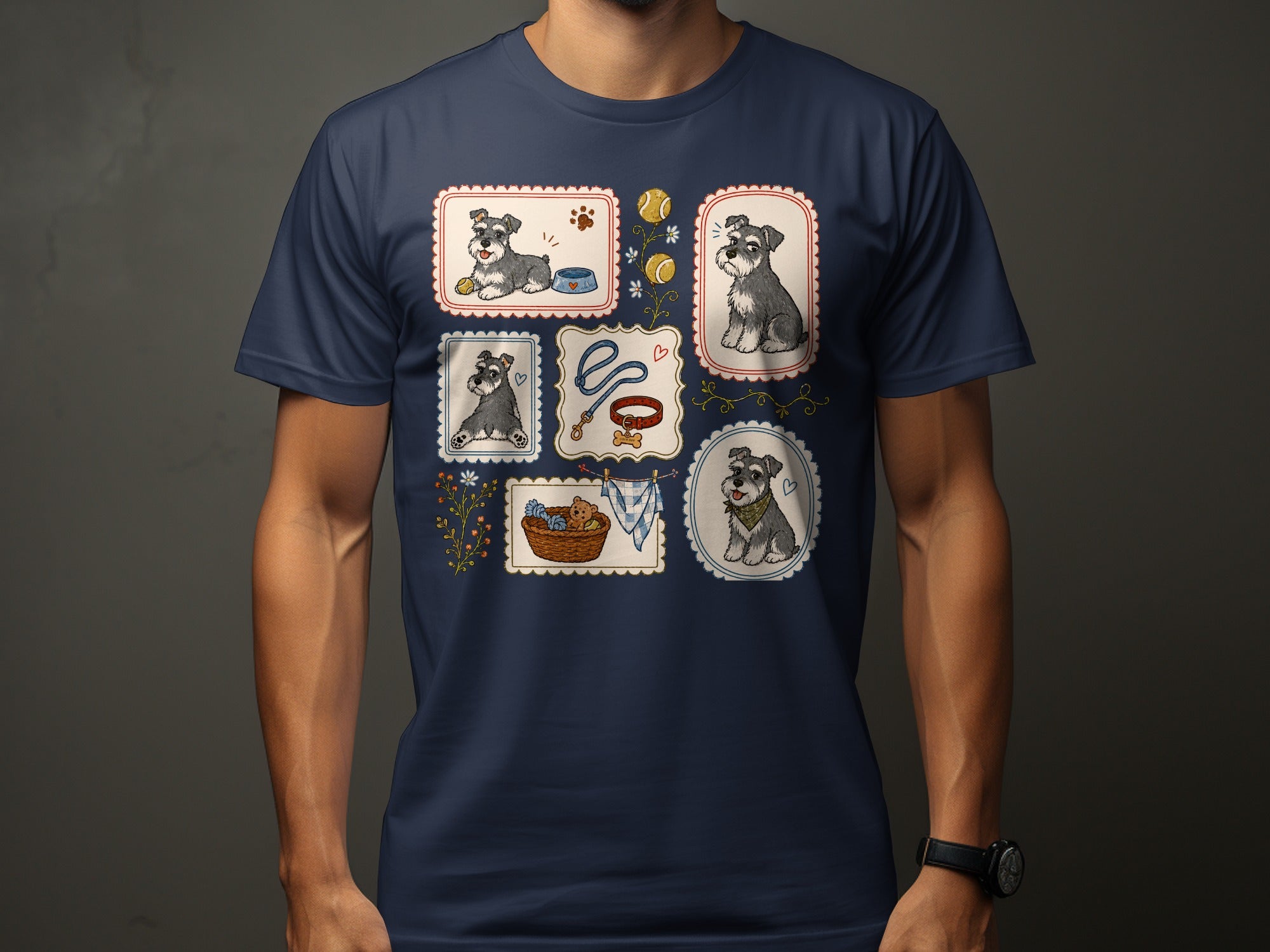 Framed illustrations of Schnauzers and dog accessories on a navy blue t-shirt.