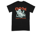 Black t-shirt with white dog in lounge chair, text "Chill Out" and "Zoomies are Inevitable".