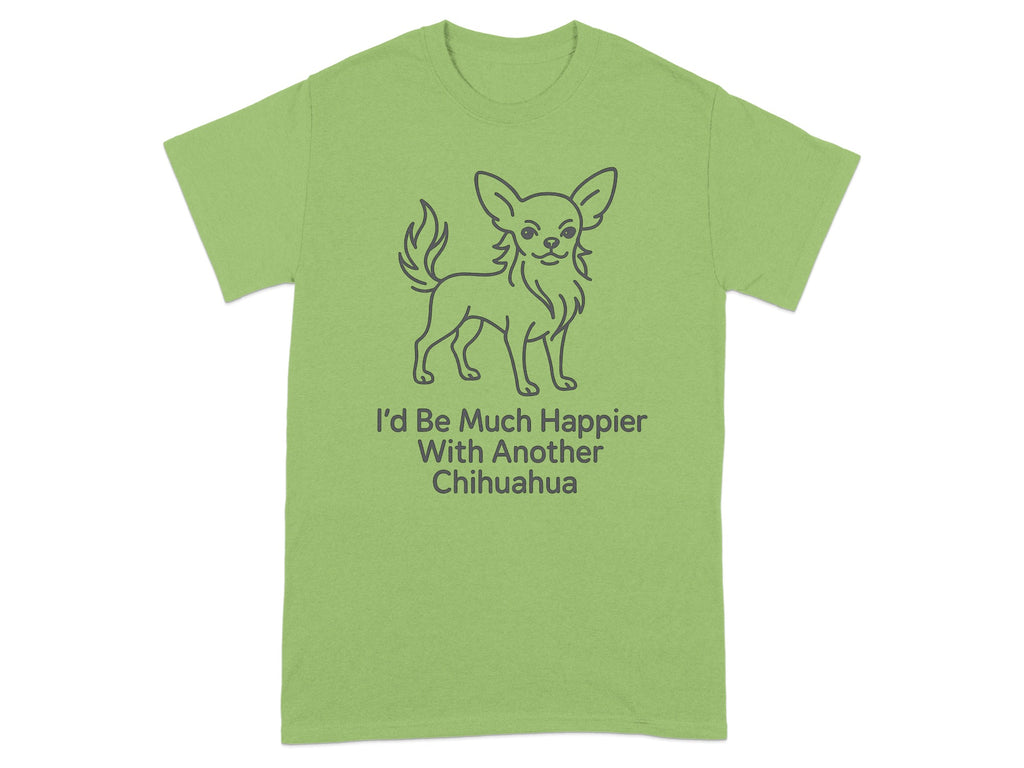 Light green t-shirt with a grey line drawing of a chihuahua and text.