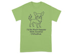 Light green t-shirt with a grey line drawing of a chihuahua and text.