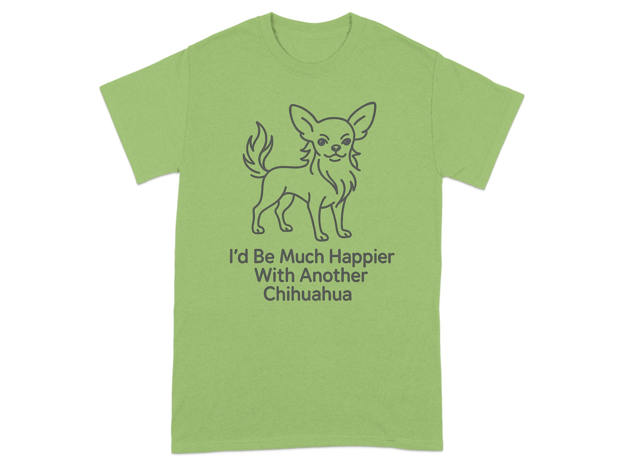Light green t-shirt with a grey line drawing of a chihuahua and text.