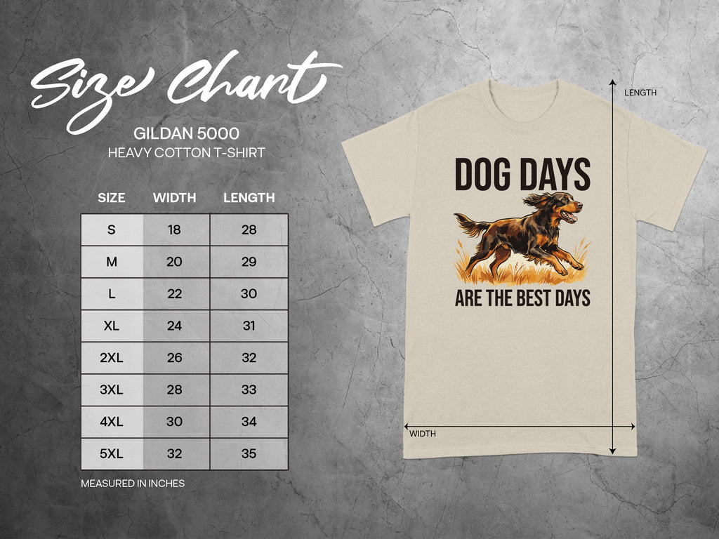 Gildan 5000 size chart with dog graphic and "Dog Days Are The Best Days" text.