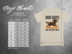 Gildan 5000 size chart with dog graphic and "Dog Days Are The Best Days" text.