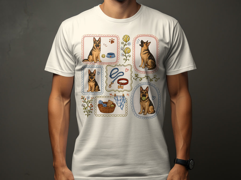 T-shirt with framed illustrations of German Shepherds and dog accessories.