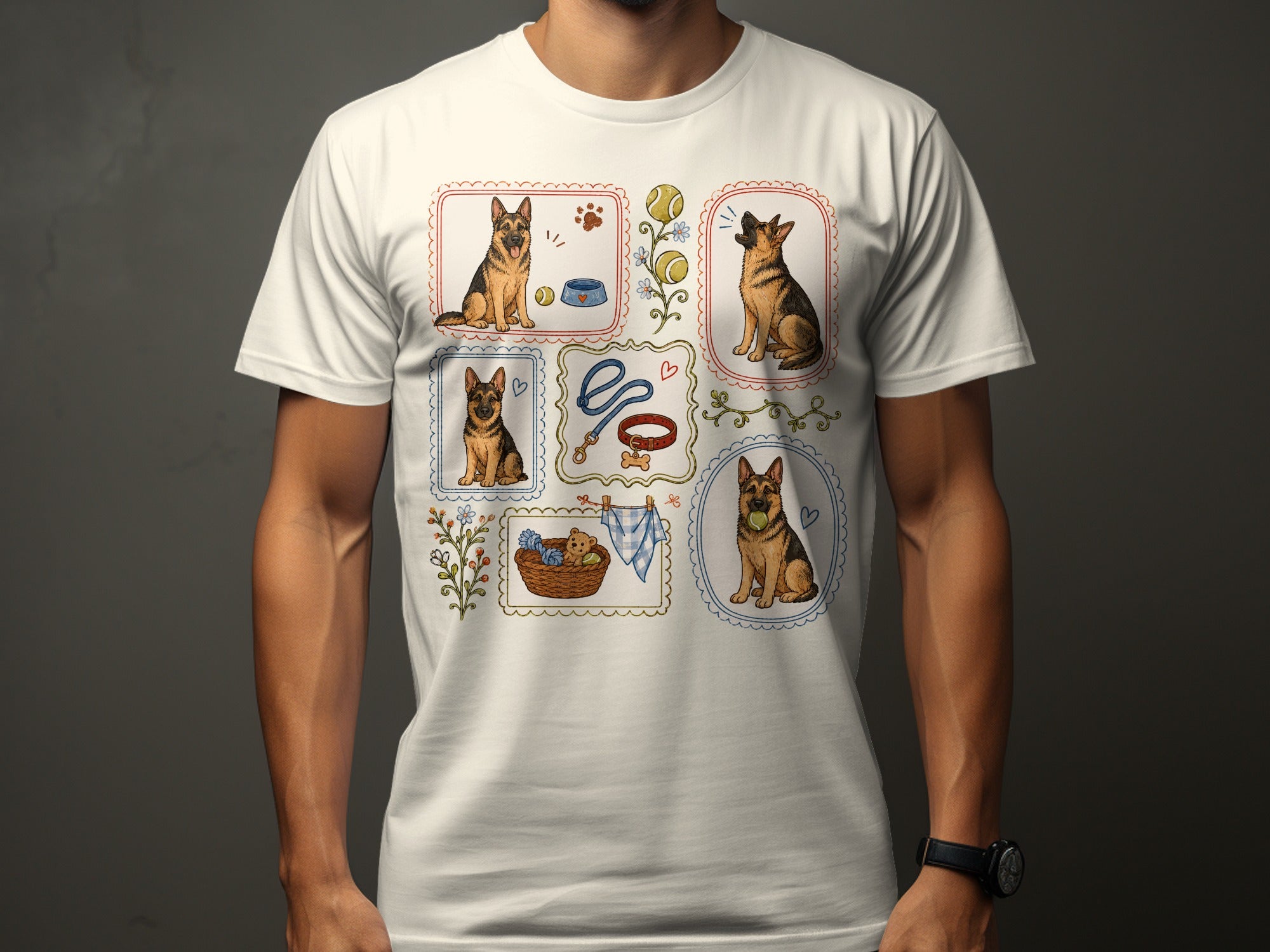 T-shirt with framed illustrations of German Shepherds and dog accessories.