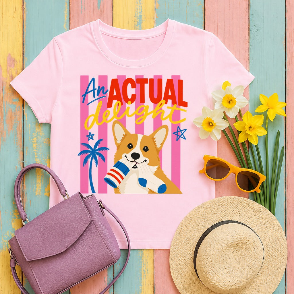 The Actual Delight Corgi Graphic T-shirt in Light Pink
