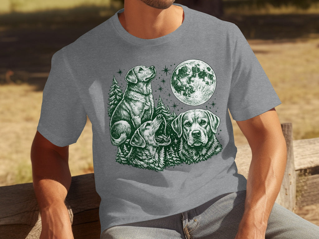 T-shirt with illustration of three dogs under a full moon with trees.