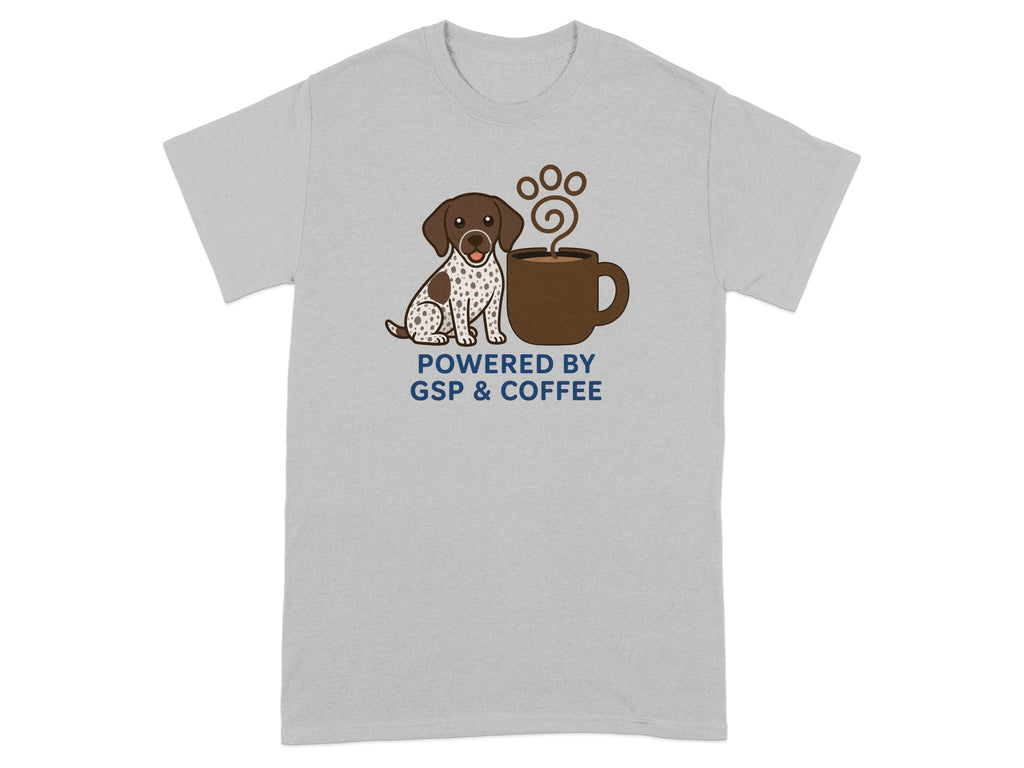 German Shorthaired Pointer with coffee mug that reads "Powered by GSP & COFFEE".