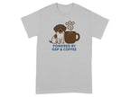 German Shorthaired Pointer with coffee mug that reads "Powered by GSP & COFFEE".