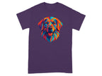 Vibrant Geometric Dog Art on Deep Purple Shirt
