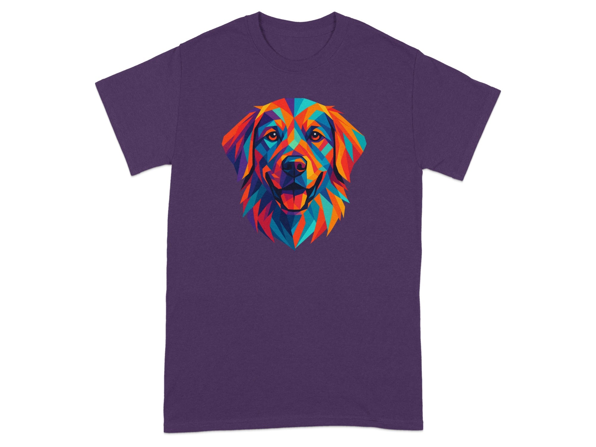 Vibrant Geometric Dog Art on Deep Purple Shirt