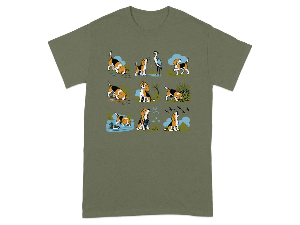 Nine illustrations of beagles performing various outdoor activities, including bird watching and swimming.