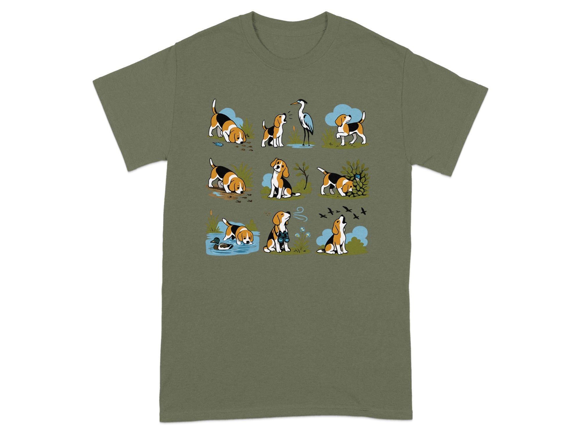 Nine illustrations of beagles performing various outdoor activities, including bird watching and swimming.