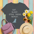 Golden Retriever Code: Eat, Sleep, Steal Socks T-Shirt in Charcoal