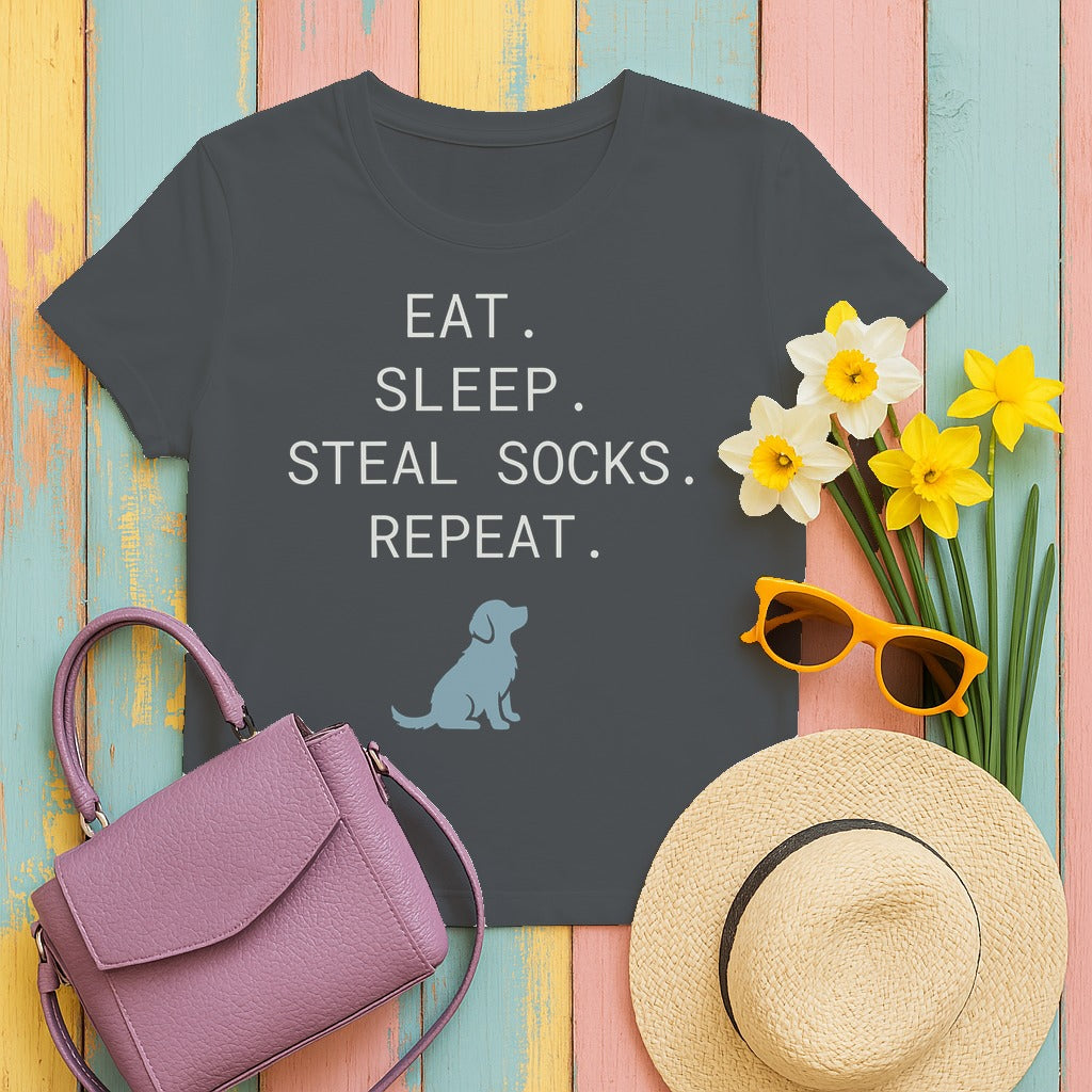Golden Retriever Code: Eat, Sleep, Steal Socks T-Shirt in Charcoal