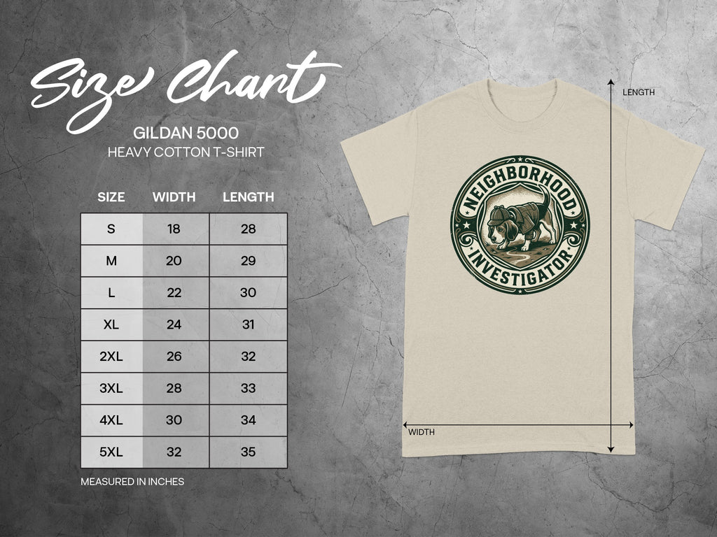 Gildan 5000 Heavy Cotton T-shirt size chart with width and length measurements.