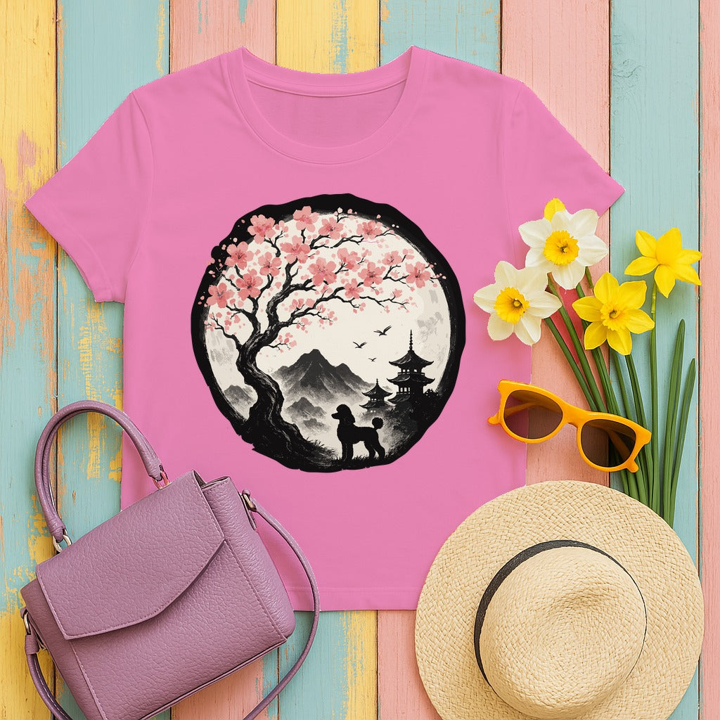 Asian Landscape With Poodle Silhouette T-Shirt in Azalea