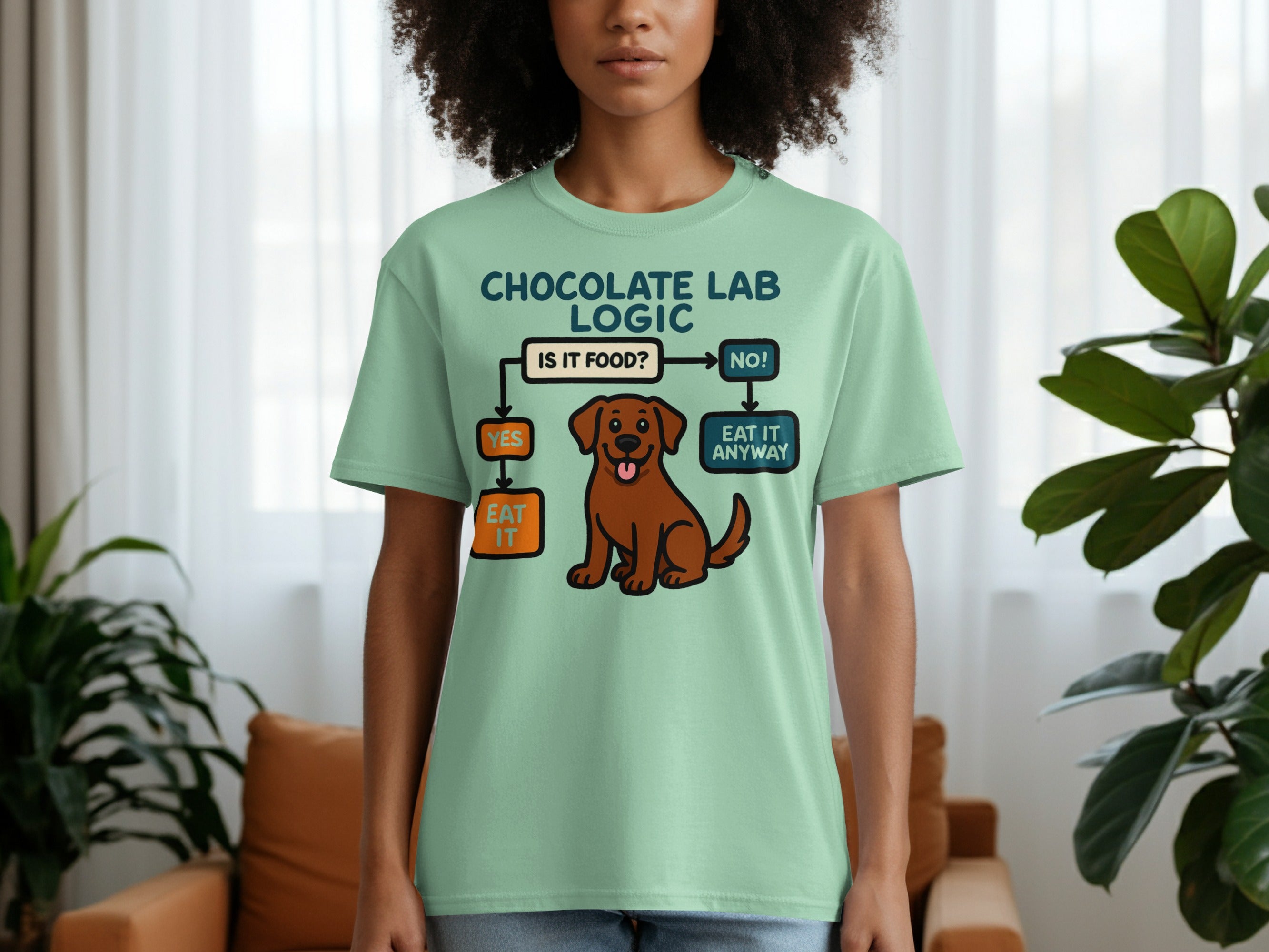 Light green t-shirt with "Chocolate Lab Logic" flowchart and a brown dog graphic.