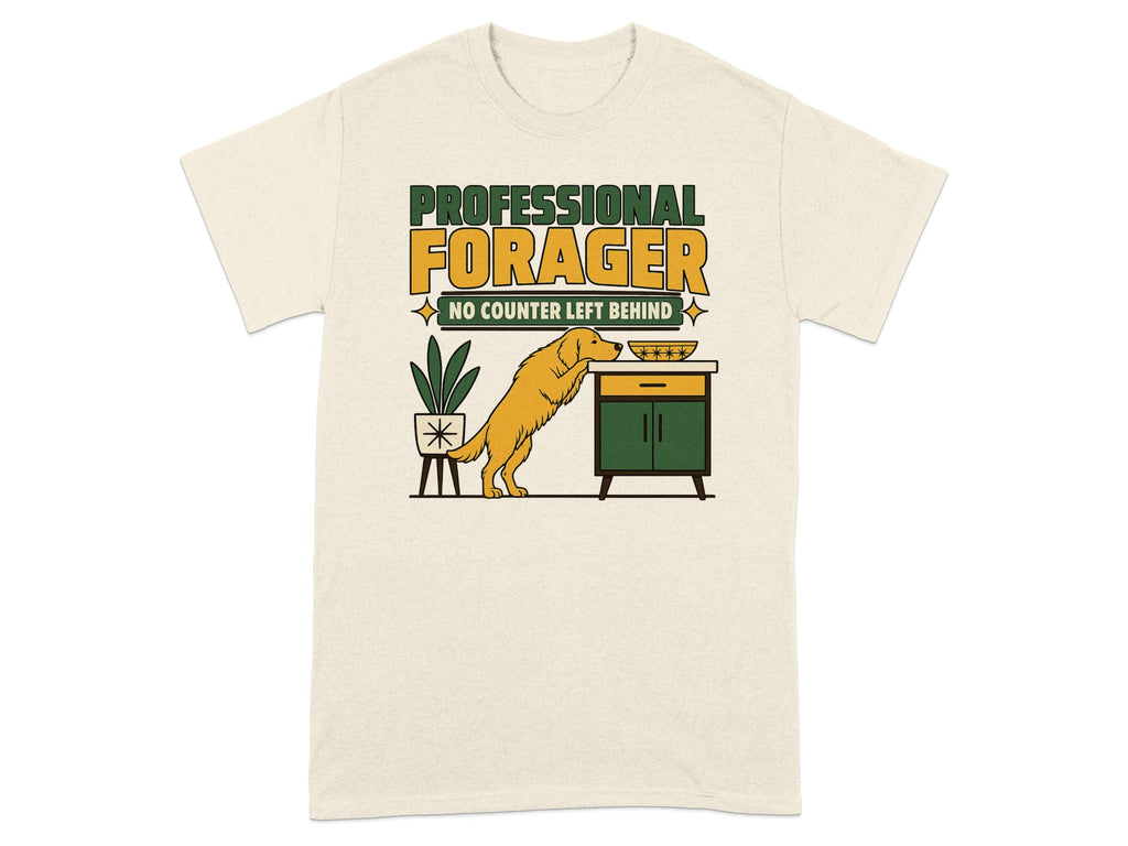 T-shirt graphic of a dog reaching for food on a counter labeled "PROFESSIONAL FORAGER".