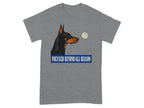 Doberman pinscher head with text "FOCUSED BEYOND ALL REASON" on grey t-shirt.