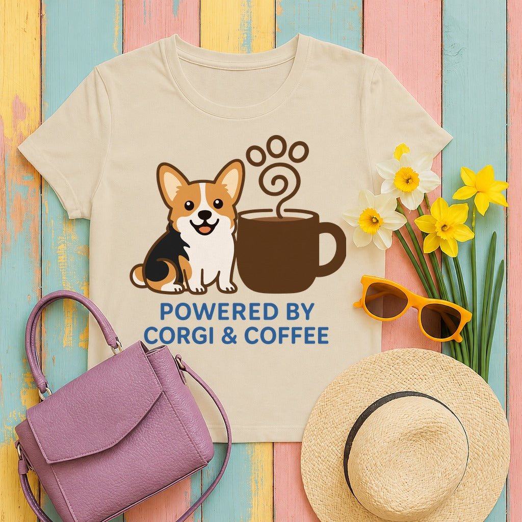 Powered By Corgi & Coffee T-shirt in Sand