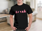 Black t-shirt featuring a row of pink cartoon dogs in various poses.