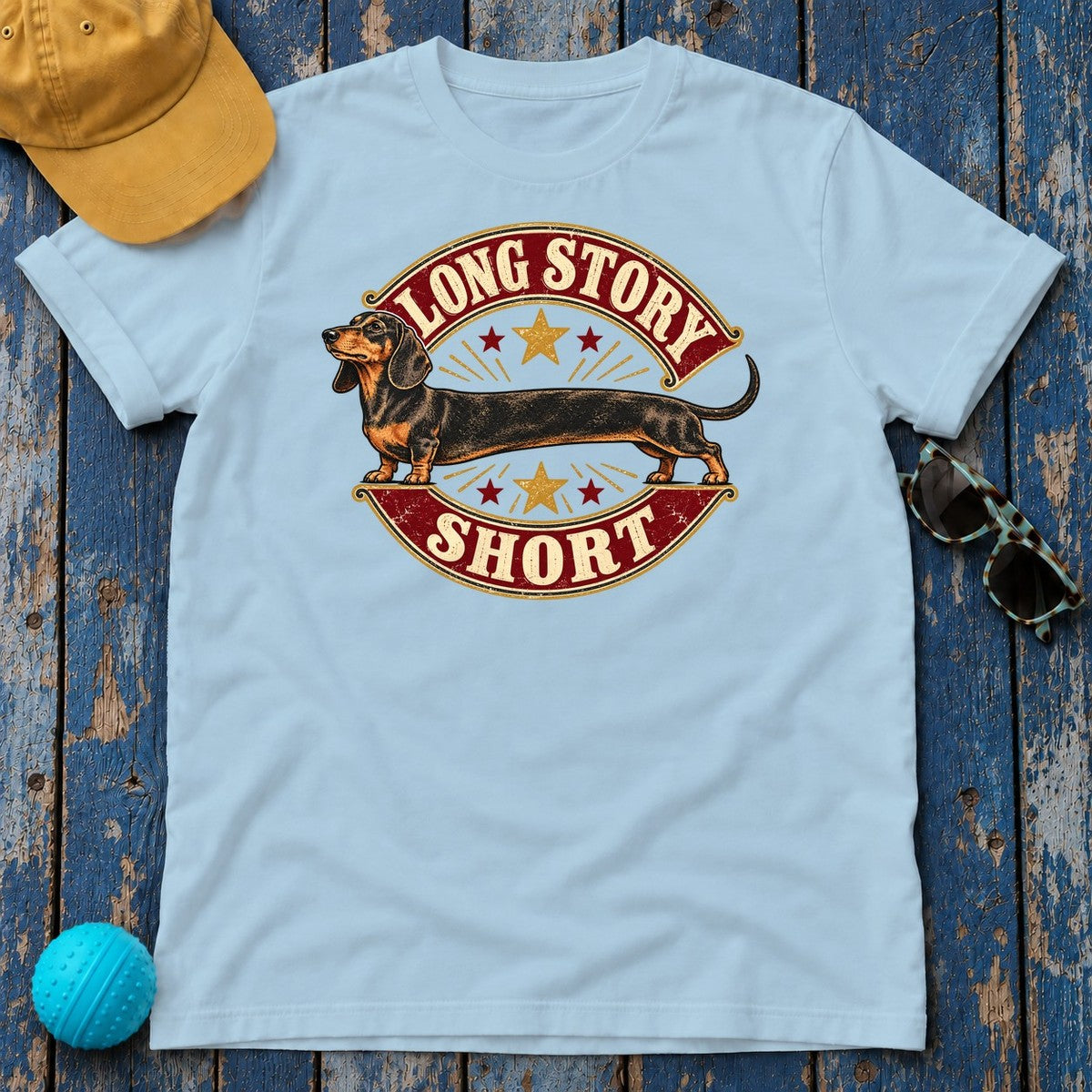 Long Story Short Dachshund T-Shirt in Light Blue - flat lay