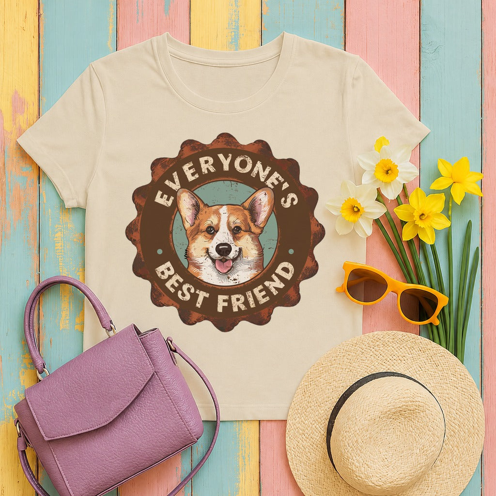 Everyone's Best Friend Corgi Dog With Sign Design T-Shirt in Sand