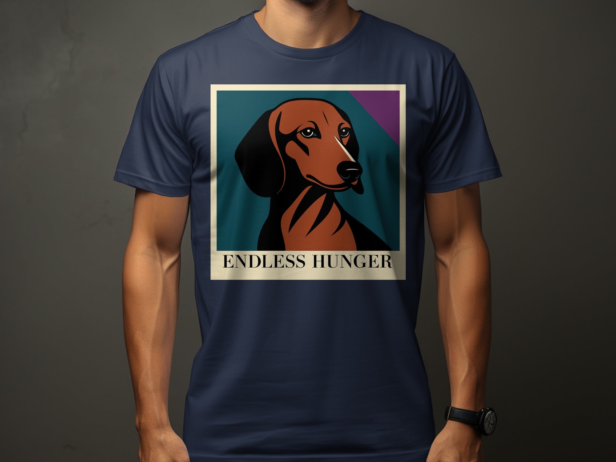 Dark blue t-shirt featuring a stylized dachshund graphic with "ENDLESS HUNGER" text.