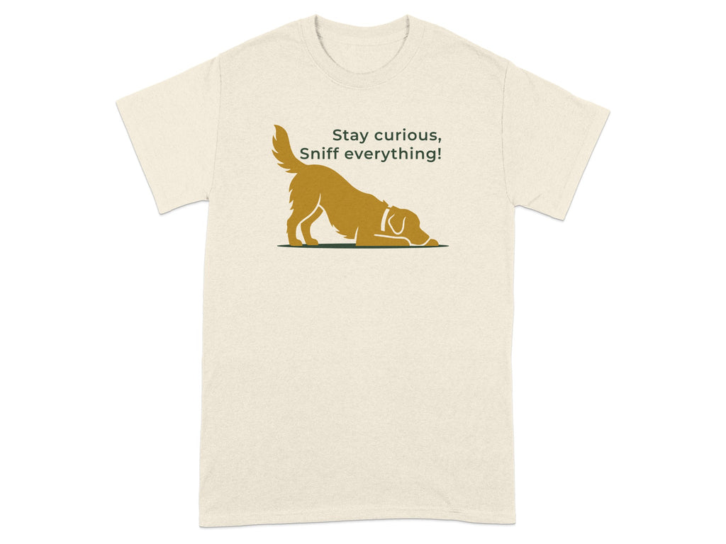 T-shirt with golden retriever dog silhouette and text "Stay curious, Sniff everything!".