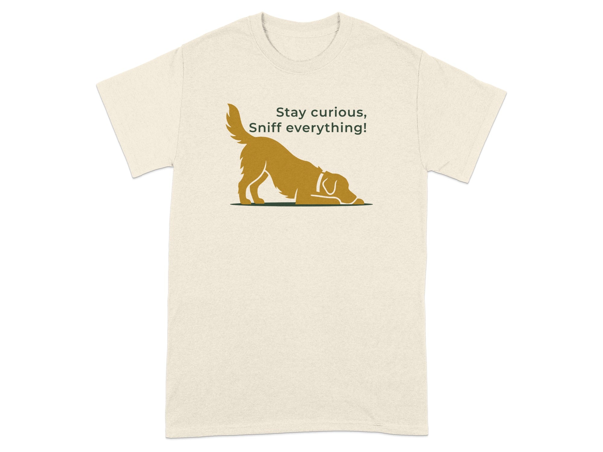 T-shirt with golden retriever dog silhouette and text "Stay curious, Sniff everything!".