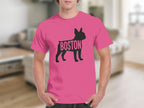 Pink t-shirt with black Boston terrier silhouette and text.